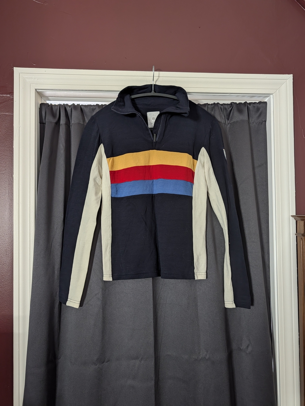 WE NORWEIGANS Ultrafine Merino Wool Multicolor Striped Logo Badge 1/4 Zip Sweate